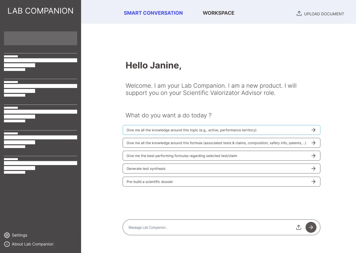 Landing page of the Lab Companion interface